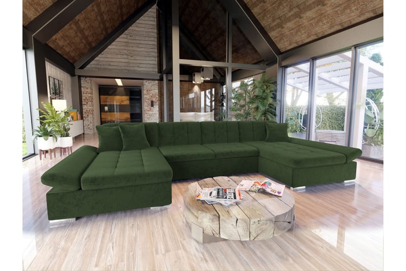Dewitt Sovesofa med Dobbel Sjeselong 4-seter i Chenille - Grønn - Møbler - Sofaer - Sovesofaer