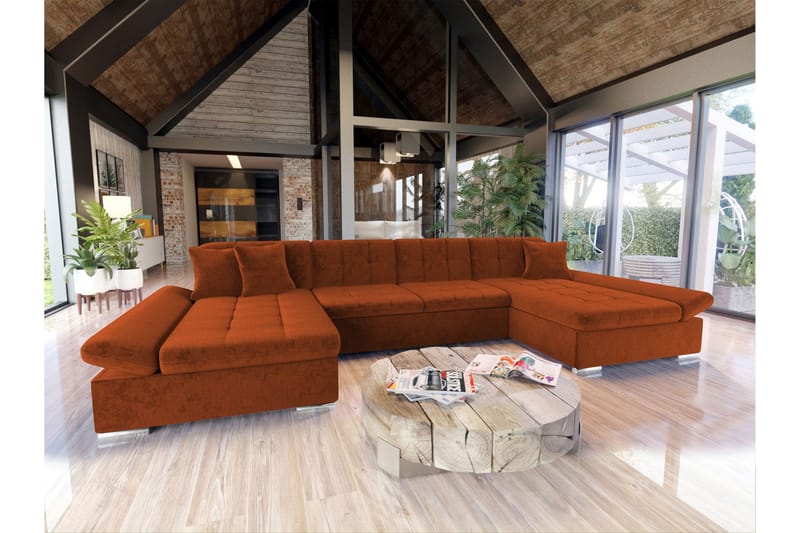 Dewitt Sovesofa med Dobbel Sjeselong 4-seter i Chenille - Oransje - Møbler - Sofaer - Sovesofaer