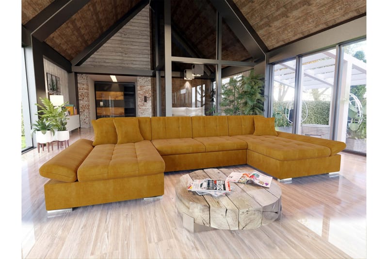 Dewitt Sovesofa med Dobbel Sjeselong 4-seter i Fløyel - Gul - Møbler - Sofaer - Sovesofaer
