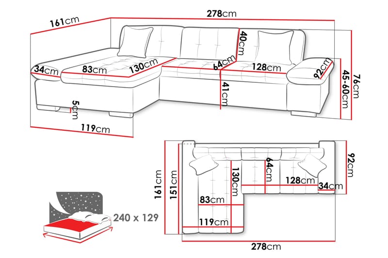 Djerra Sovesofa med Sjeselong 3-seter i Bouclé - Grå - Møbler - Sofaer - Sovesofaer