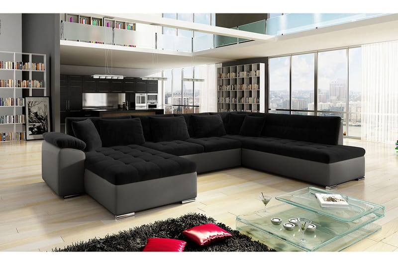 Dynir Sofa med Sjeselong og Divan 4-seter - Svart/Grå - Møbler - Sofaer - Skinnsofaer