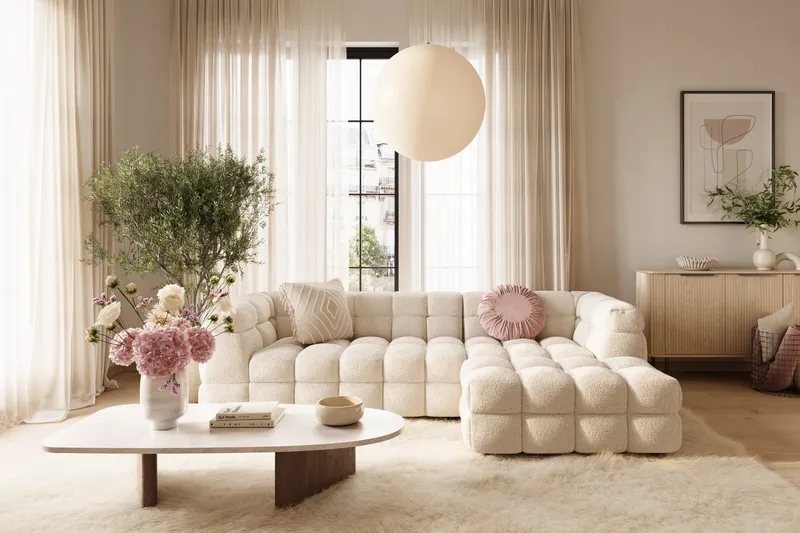 Elise 4-seters Sofa med Sjeselong Høyre - Beige Teddy - Møbler - Sofaer - Sofa med sjeselong