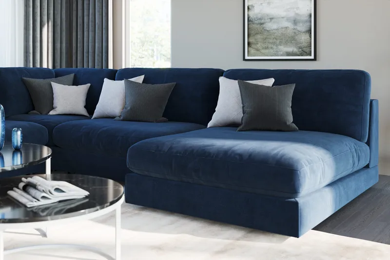 Arken 6-seters Vendbar L-formet Modulhjørnesofa med Divan + Fotskammel i Fløyel - Blå - Møbler - Sofaer - Modulsofaer - Komplett modulsofa