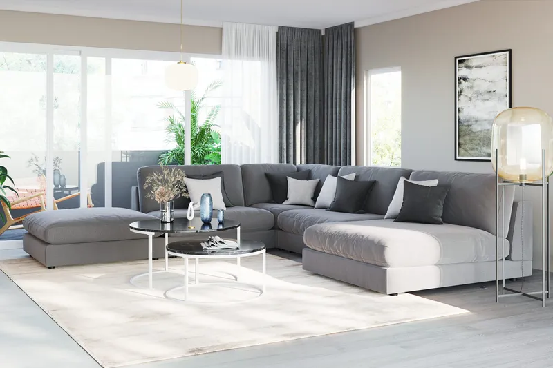 Arken 6-seters Vendbar L-formet Modulhjørnesofa med Divan + Fotskammel i Fløyel - Lys grå - Møbler - Sofaer - Modulsofaer - Komplett modulsofa