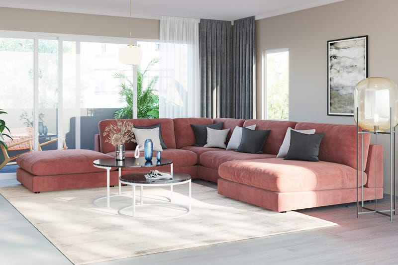 Arken 6-seters Vendbar L-formet Modulhjørnesofa med Divan + Fotskammel i Fløyel - Rosa - Møbler - Sofaer - Modulsofaer - Komplett modulsofa