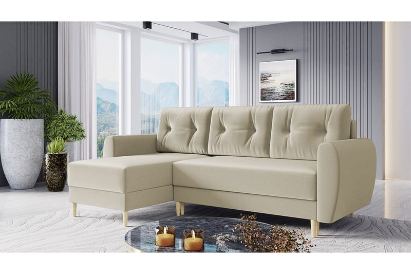 Bornalle 3-seter L-formet Sovesofa 130x200 cm med Oppbevaring i Fløyel - Hvit - Møbler - Sofaer - Sovesofaer - Sovesofa divan