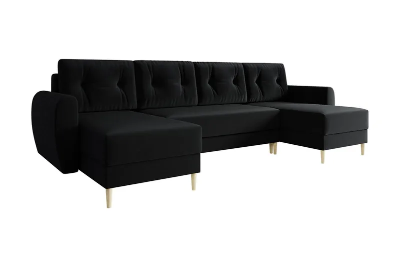 Bornalle 3-seter U-formet Sovesofa med Oppbevaring i Plysj, Svart