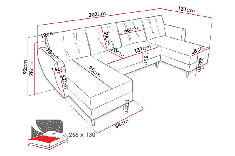 Bornalle 3-seter U-formet Sovesofa med Oppbevaring i Plysj - Gul - Møbler - Sofaer - Sovesofaer - Sovesofa divan