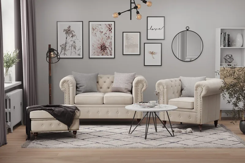 Chesterfield Deluxe Fløyelssofa 2-seter - Beige - Møbler - Sofaer - Fløyel sofaer