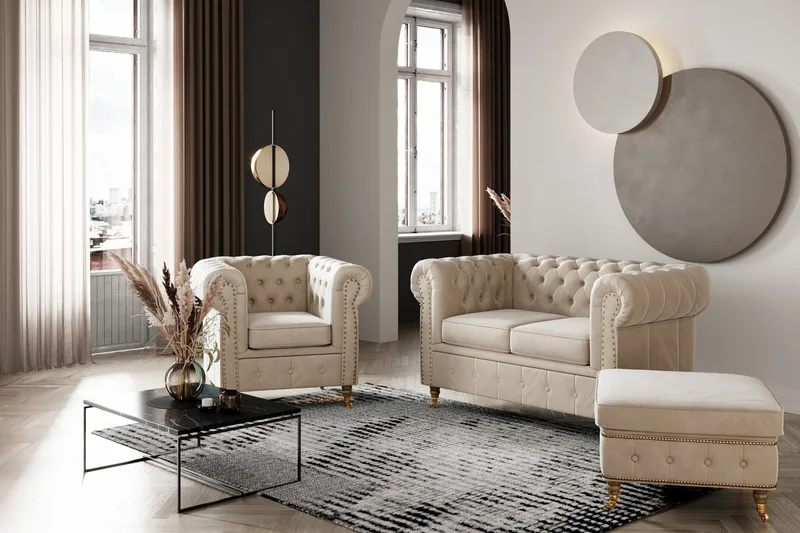 Chesterfield Deluxe Fløyelssofa 2-seter - Beige - Møbler - Sofaer - Fløyel sofaer