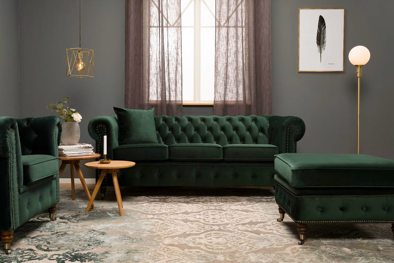 Chesterfield Deluxe Fløyelssofa 3-seter - Mørkegrønn - Møbler - Sofaer - Fløyel sofaer
