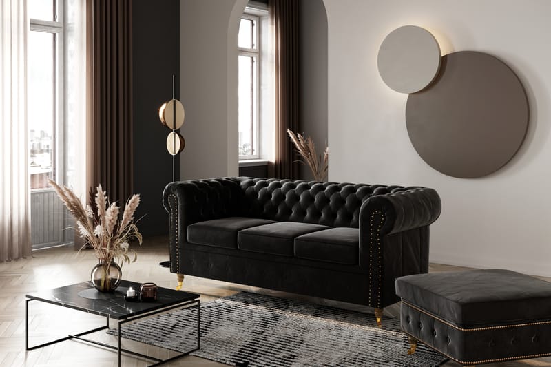 Chesterfield Deluxe Fløyelssofa 3-seter - Svart - Møbler - Sofaer - Fløyel sofaer