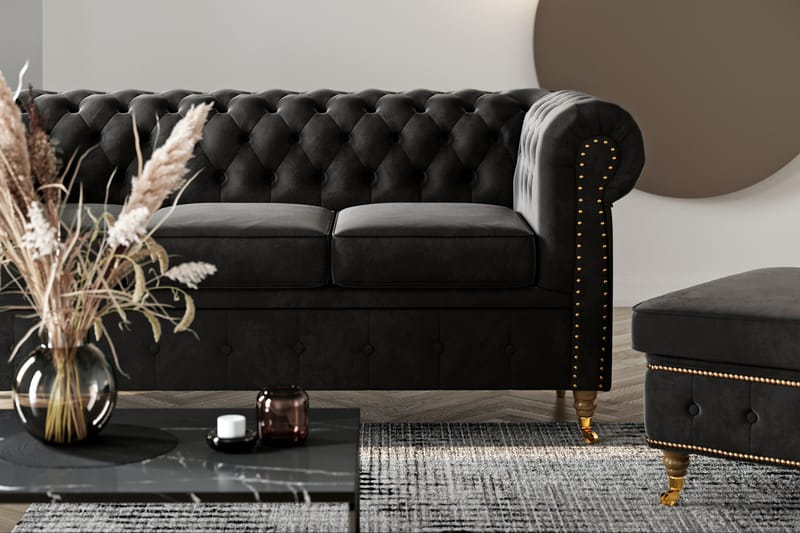 Chesterfield Deluxe Fløyelssofa 3-seter - Svart - Møbler - Sofaer - Fløyel sofaer