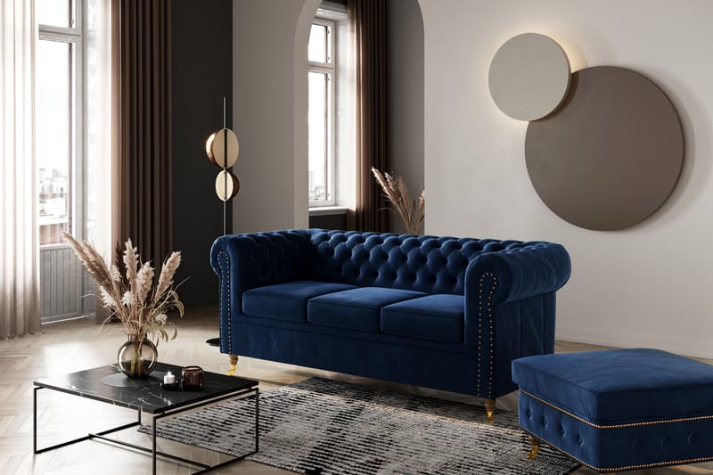 Chesterfield Deluxe Fløyelssofa 3-seter - Petrolblå - Møbler - Sofaer - Fløyel sofaer