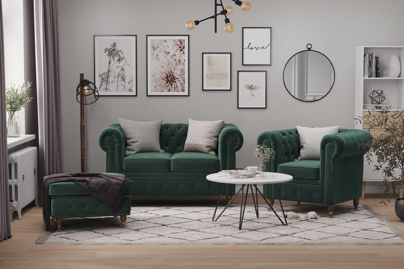 Chesterfield Deluxe Fløyelssofa 4-seter - Mørkegrønn - Møbler - Sofaer - Fløyel sofaer