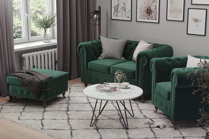 Chesterfield Deluxe Fløyelssofa 4-seter - Mørkegrønn - Møbler - Sofaer - Fløyel sofaer