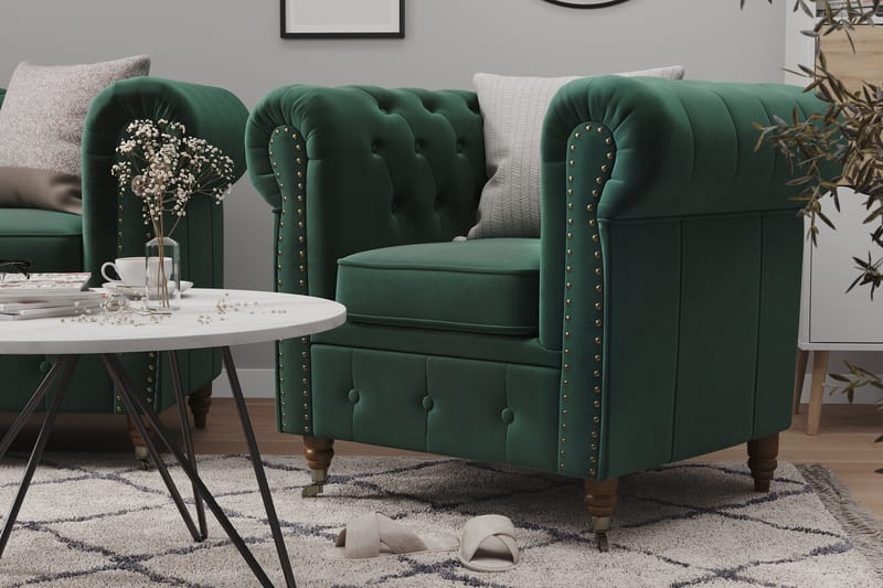 Chesterfield Deluxe Fløyelssofa 4-seter - Mørkegrønn - Møbler - Sofaer - Fløyel sofaer