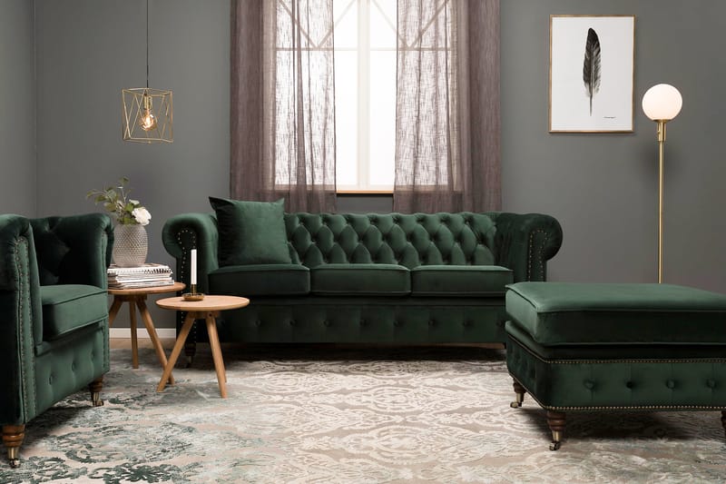 Chesterfield Deluxe Fløyelssofa 4-seter - Mørkegrønn - 4 seter sofa - Fløyel sofaer - Chesterfield sofaer