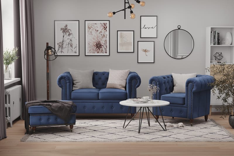 Chesterfield Deluxe Fløyelssofa 4-seter - Petrolblå - Møbler - Sofaer - Fløyel sofaer