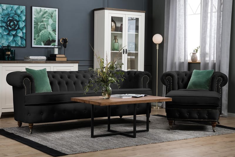 Chesterfield Fløyelssofa 3-seter Buet - Svart - Chesterfield sofaer - Sofa 3 seter - Fløyel sofaer