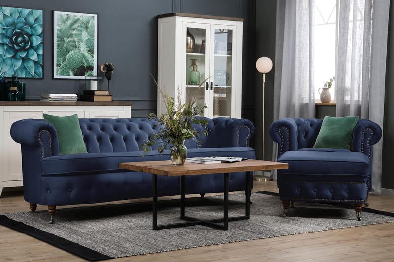 Chesterfield Fløyelssofa 3-seter Buet - Petrolblå - Møbler - Sofaer - Fløyel sofaer
