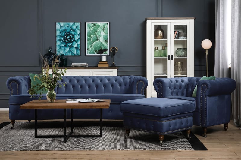 Chesterfield Fløyelssofa 3-seter Buet - Petrolblå - Møbler - Sofaer - Fløyel sofaer