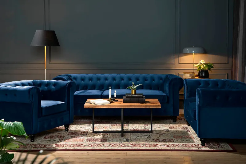 Chesterfield Lyx 2-seter Liten fløyelssofa – Dyp sofa 160 cm bred - Blå - Møbler - Sofaer - Fløyel sofaer
