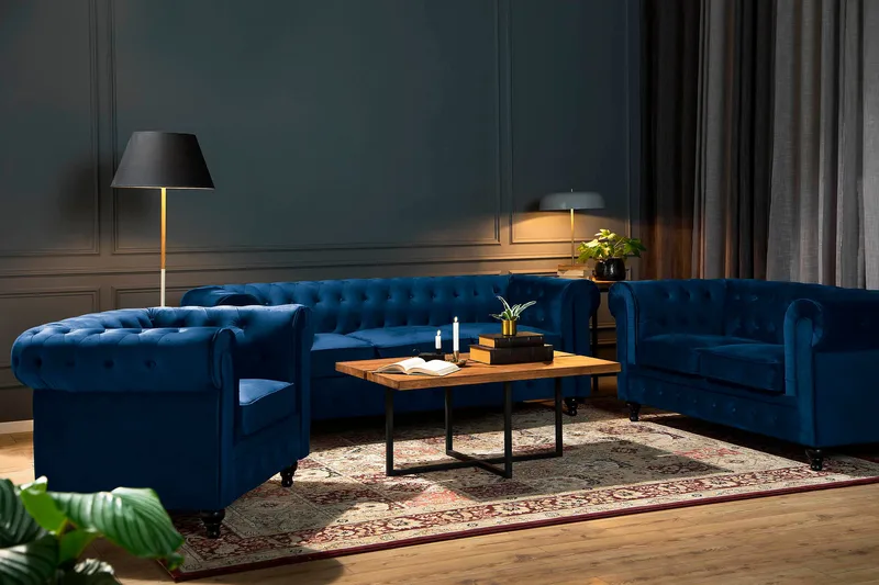 Chesterfield Lyx 2-seter Liten fløyelssofa – Dyp sofa 160 cm bred - Blå - Møbler - Sofaer - Fløyel sofaer