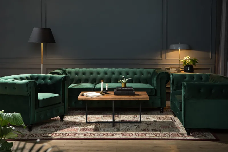 Chesterfield Lyx 2-seter Liten fløyelssofa – Dyp sofa 160 cm bred - Grønn - Møbler - Sofaer - Fløyel sofaer