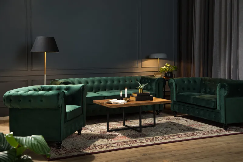 Chesterfield Lyx 2-seter Liten fløyelssofa – Dyp sofa 160 cm bred - Grønn - Møbler - Sofaer - Fløyel sofaer