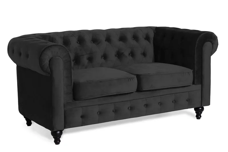 Chesterfield Lyx 2-seter Liten fløyelssofa – Dyp sofa 160 cm bred - Svart - Møbler - Sofaer - Fløyel sofaer