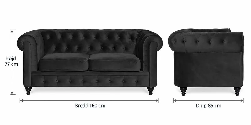 Chesterfield Lyx 2-seter Liten fløyelssofa – Dyp sofa 160 cm bred - Svart - Møbler - Sofaer - Fløyel sofaer