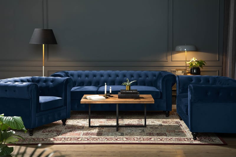 Chesterfield Lyx 3-seter Fløyelssofa – Dyp sofa - Blå - Møbler - Sofaer - Fløyel sofaer