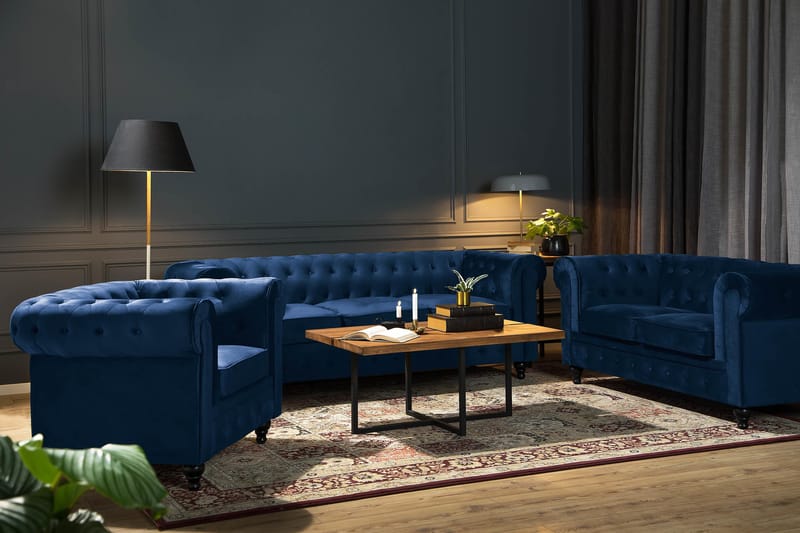 Chesterfield Lyx 3-seter Fløyelssofa – Dyp sofa - Blå - Møbler - Sofaer - Fløyel sofaer