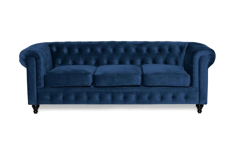 Chesterfield Lyx 3-seter Fløyelssofa – Dyp sofa - Blå - Møbler - Sofaer - Fløyel sofaer