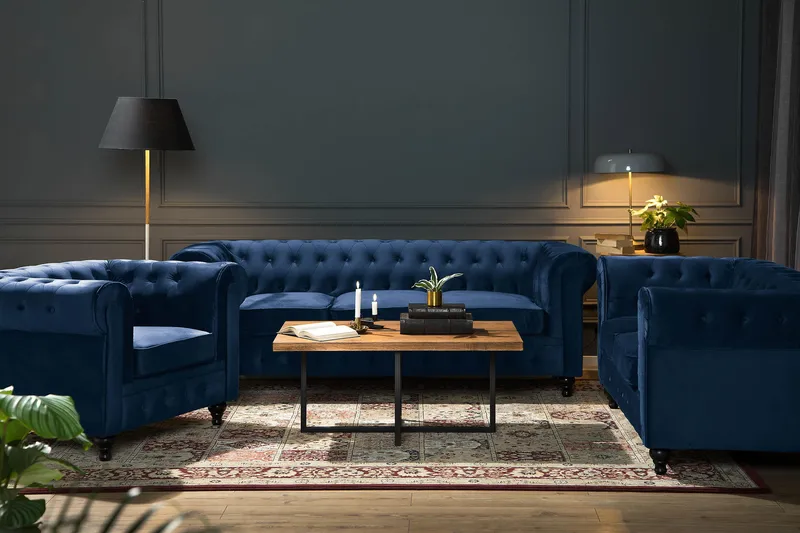 Chesterfield Lyx 3-seter Fløyelssofa – Dyp sofa - Blå - Møbler - Sofaer - Fløyel sofaer