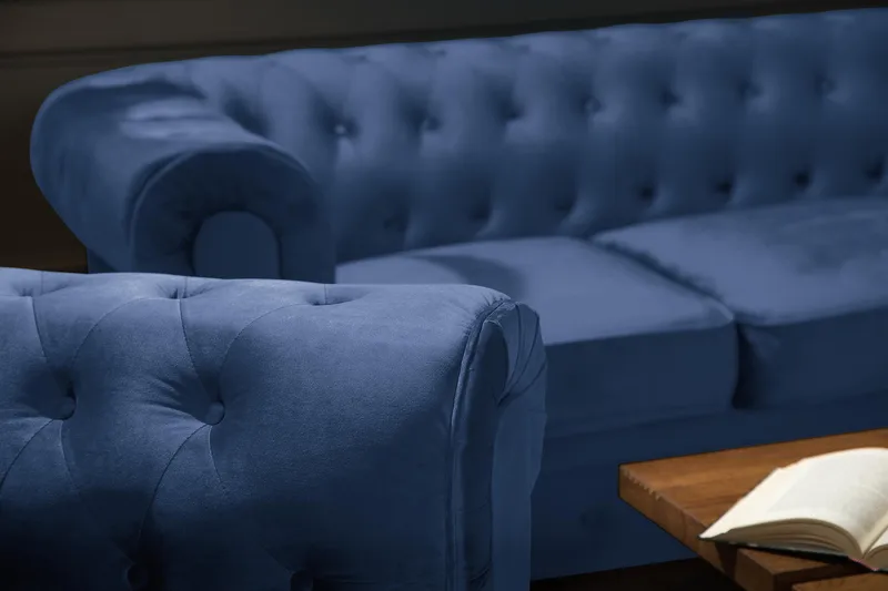 Chesterfield Lyx 3-seter Fløyelssofa – Dyp sofa - Blå - Møbler - Sofaer - Fløyel sofaer