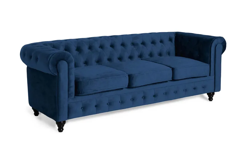 Chesterfield Lyx 3-seter Fløyelssofa – Dyp sofa - Blå - Møbler - Sofaer - Fløyel sofaer