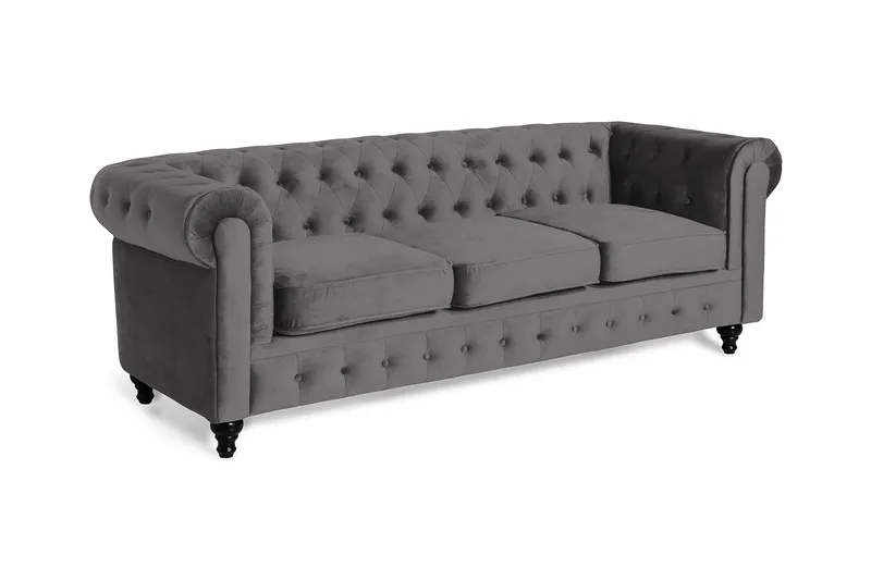 Chesterfield Lyx 3-seter Fløyelssofa – Dyp sofa - Mørkegrå - Møbler - Sofaer - Fløyel sofaer