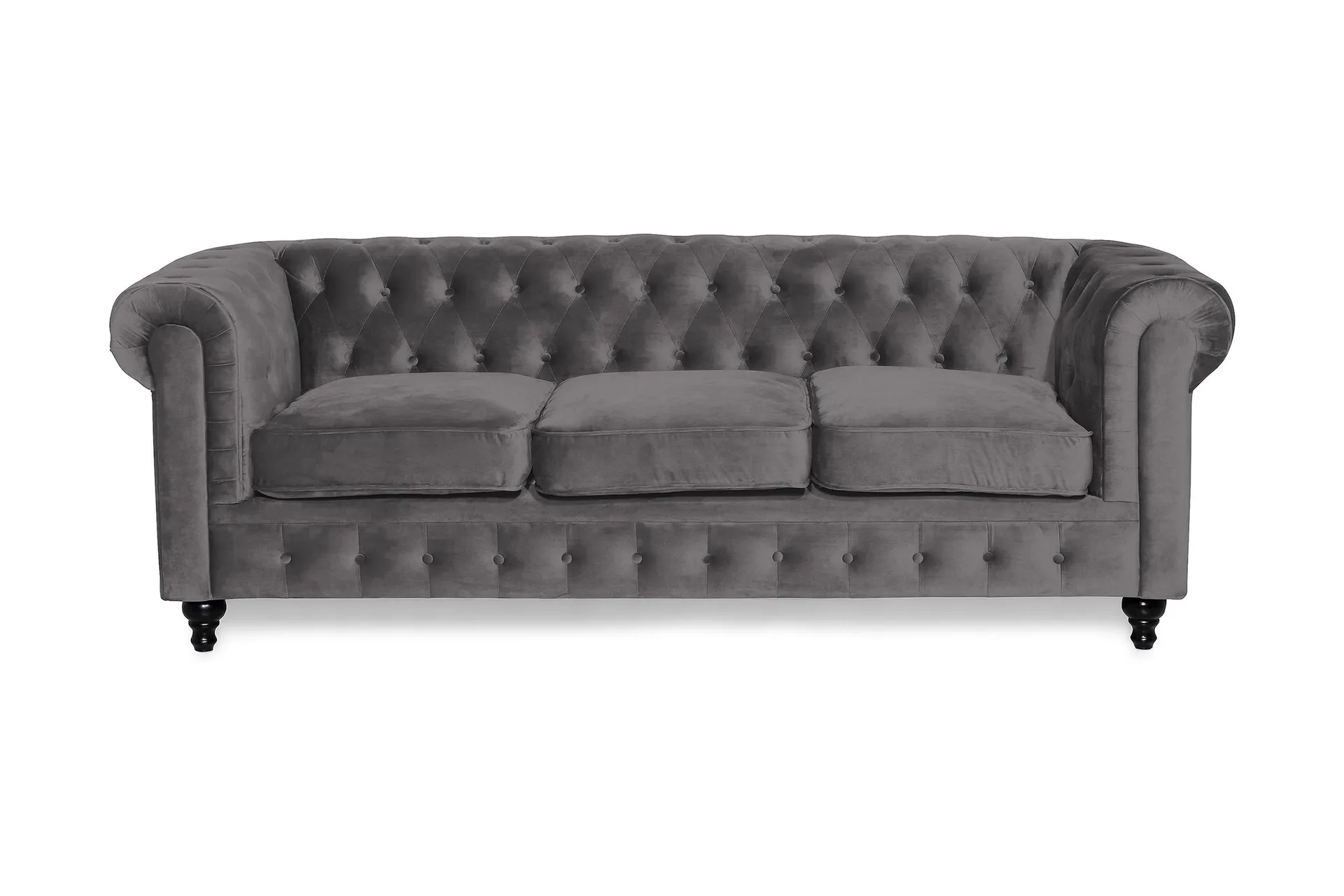Chesterfield Lyx 3-seter Fløyelssofa – Dyp sofa - Mørkegrå