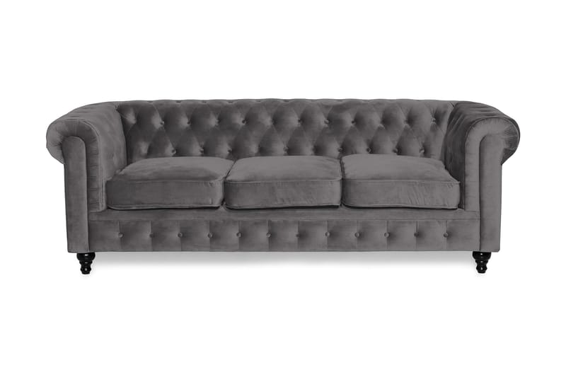Chesterfield Lyx 3-seter Fløyelssofa – Dyp sofa, Mørkegrå