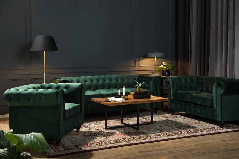 Chesterfield Lyx 3-seter Fløyelssofa – Dyp sofa - Mørkegrønn / Grønn - Møbler - Sofaer - Fløyel sofaer