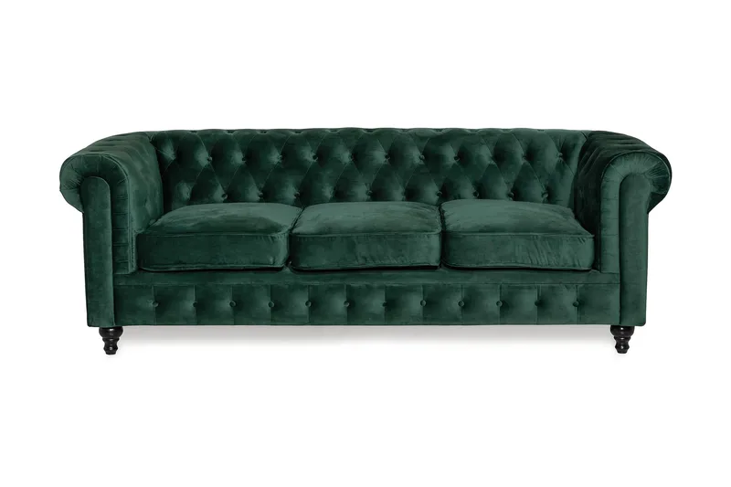 Chesterfield Lyx 3-seter Fløyelssofa – Dyp sofa - Mørkegrønn / Grønn - Møbler - Sofaer - Fløyel sofaer