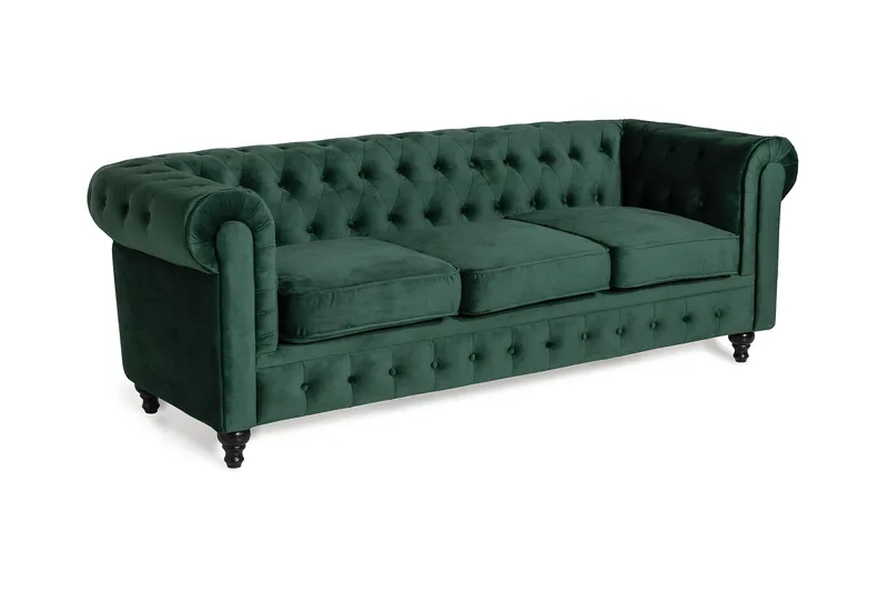 Chesterfield Lyx 3-seter Fløyelssofa – Dyp sofa - Mørkegrønn / Grønn - Møbler - Sofaer - Fløyel sofaer