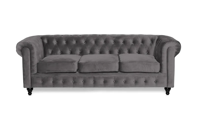 Chesterfield Lyx 3-seter Fl øyelssofa – Dyp sofa - Mørkgrå / Grå - Møbler - Sofaer - Fløyel sofaer