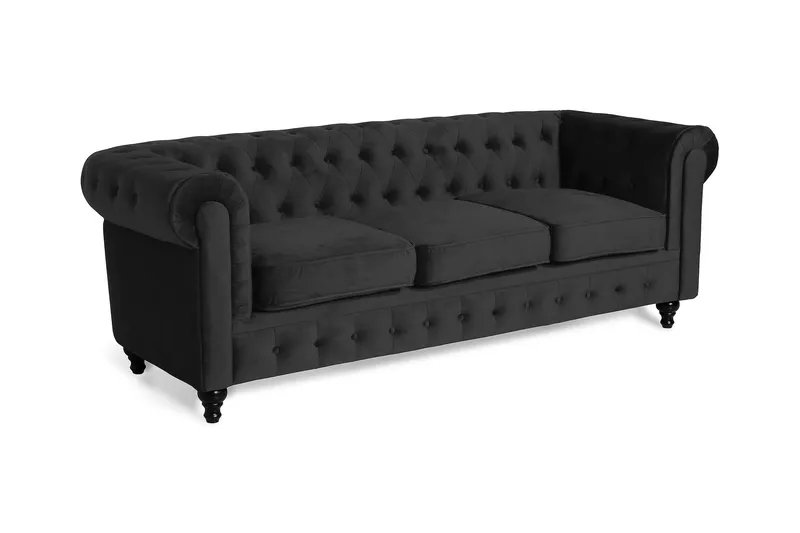 Chesterfield Lyx 3-seter Fløyelssofa – Dyp sofa - Svart - Møbler - Sofaer - Sofa 3 seter