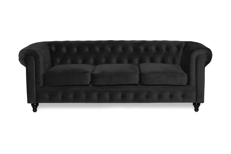 Chesterfield Lyx 3-seter Fløyelssofa – Dyp sofa, Svart