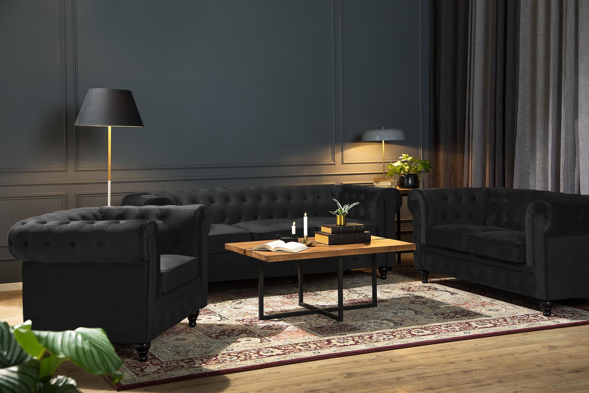 Chesterfield Lyx 3-seter Fløyelssofa – Dyp sofa - Svart - Møbler - Sofaer - Fløyel sofaer