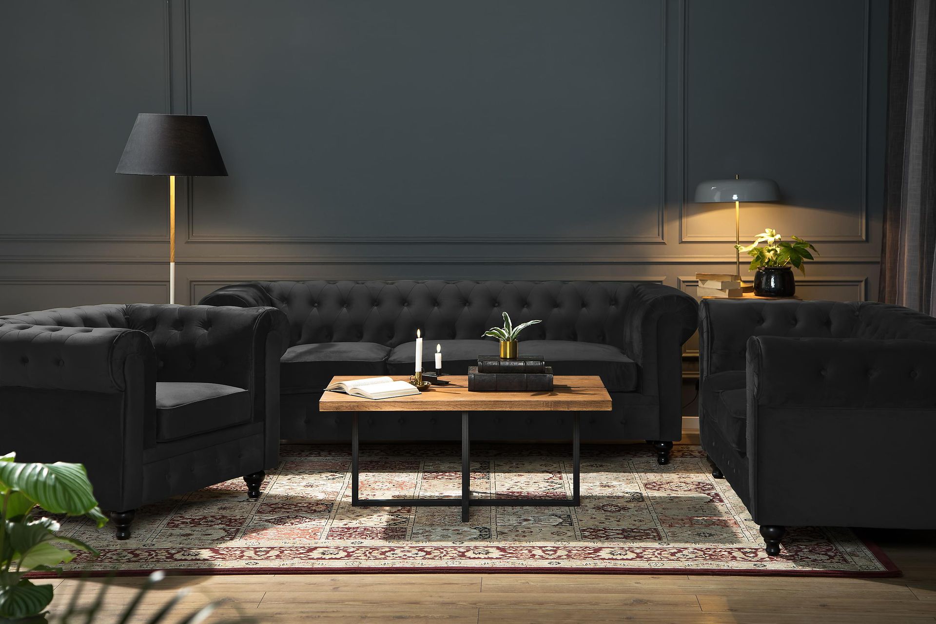 Chesterfield Lyx 3-seter Fløyelssofa – Dyp sofa - Svart - Møbler - Sofaer - Fløyel sofaer