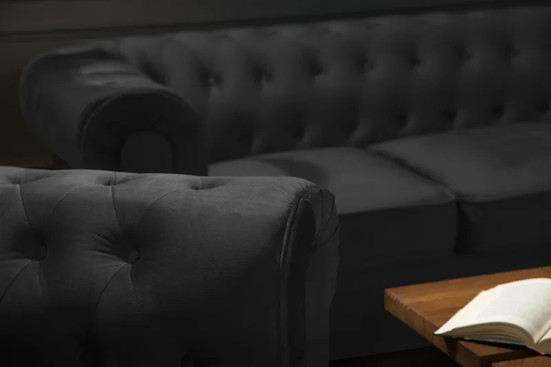 Chesterfield Lyx 3-seter Fløyelssofa – Dyp sofa - Svart - Møbler - Sofaer - Fløyel sofaer